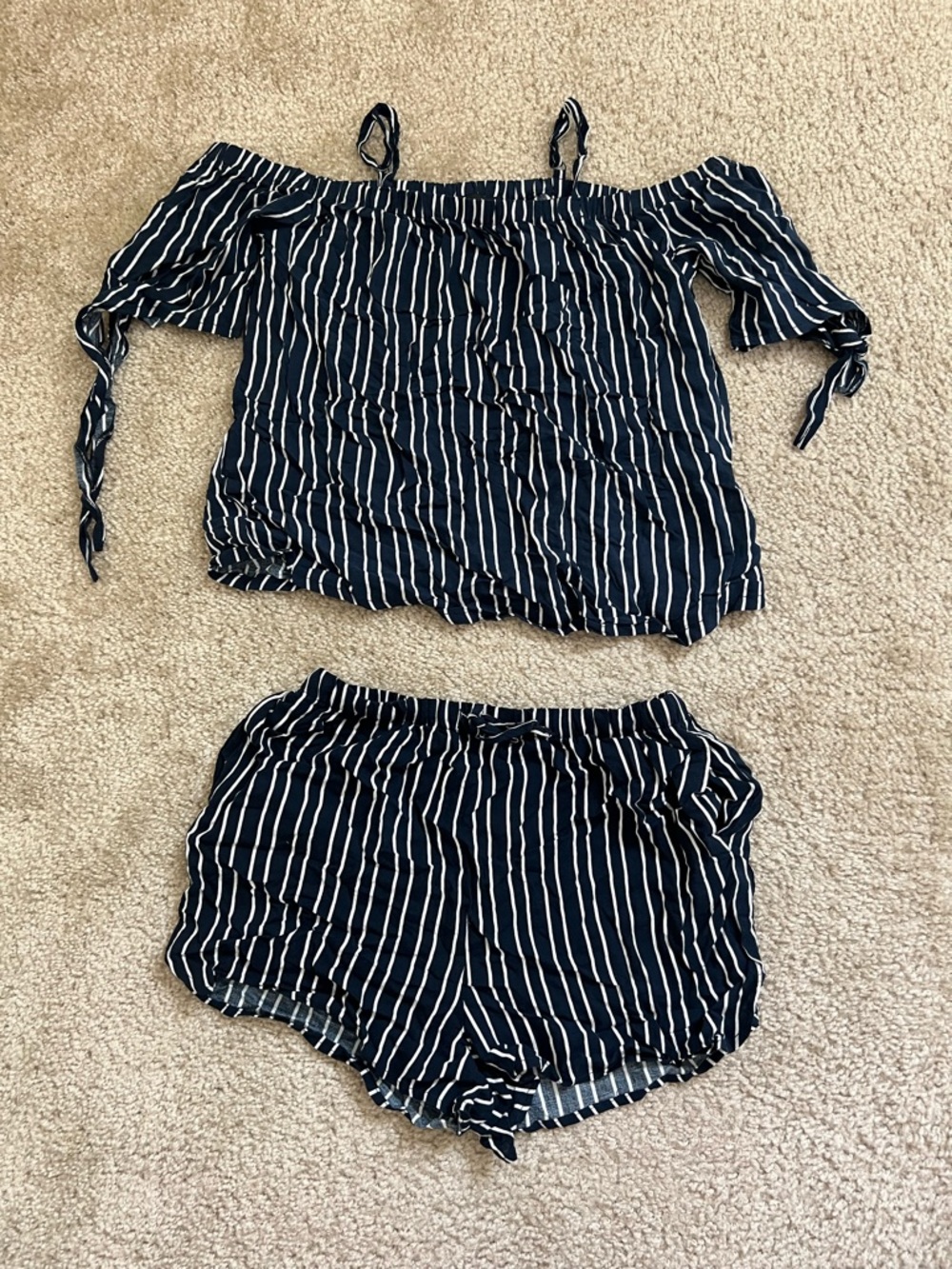 Bardot Girls Navy and White Striped Off-Shoulder Top & Shorts Set